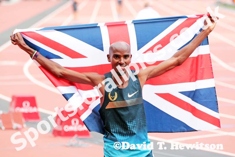 Mo Farah after winning the 3000 metres,  2013 IAAF Diamond League, Sainsbury's Anniversary Games, Queen Elizabeth Olympic Park, London.